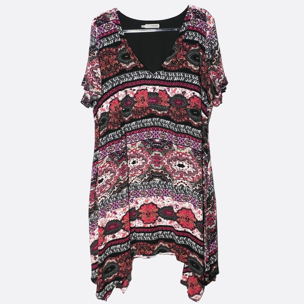 Maurices Paisley Print 2X 18 20 Burgundy Handkerchief Hem Dress Boho Chic - Picture 2 of 9